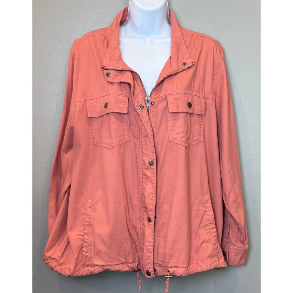 CJ Banks Women's 1X Pink Utility Jacket Zip Snap Front Drawstring Lightweight